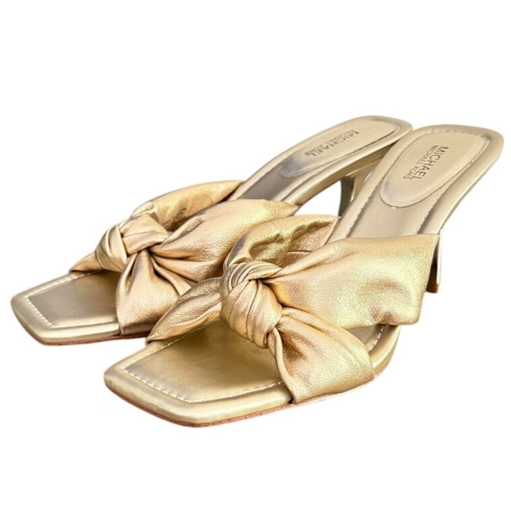 Michael Kors Metallic Gold Knot Bow Mule Heels Square Toe Size 8.5